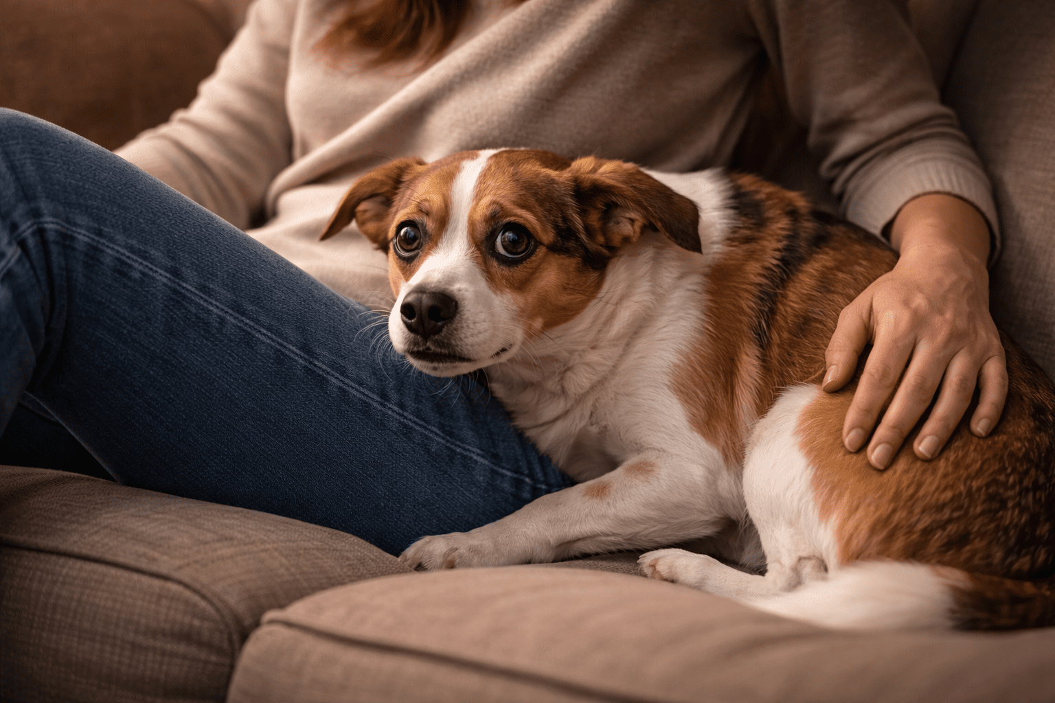 Can Dogs Have Panic Attacks? Signs, Triggers, and How to Help 2 A small, brown and white dog looks anxious while lying next to a person on a couch. The person, wearing jeans and a beige sweater, gently rests a hand on the dog's back for comfort—raising the question, are Dalmatians aggressive dogs?.