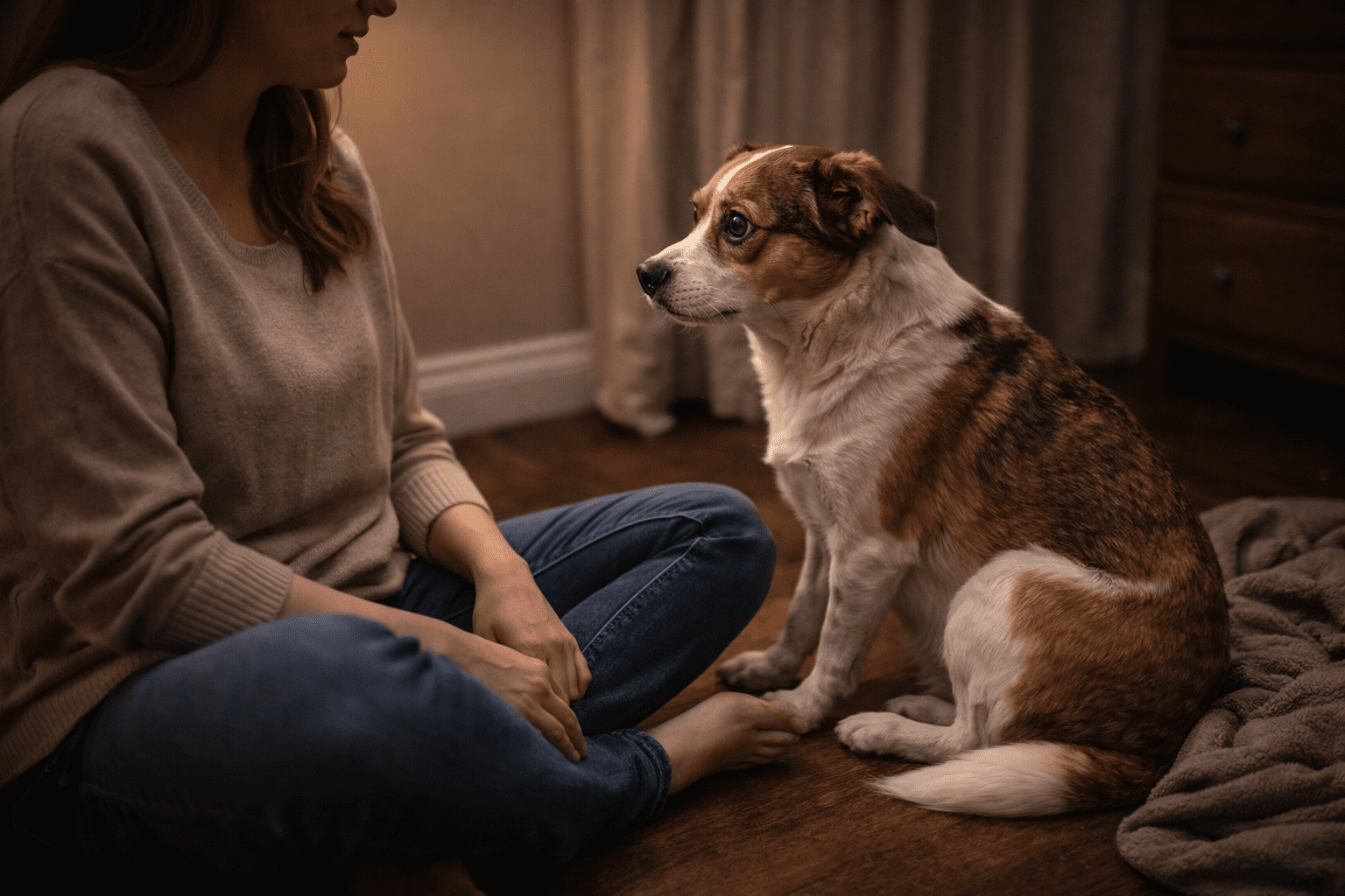 Can Dogs Have Panic Attacks? Signs, Triggers, and How to Help 4 A woman sits cross-legged on the floor indoors, facing a small brown and white dog who is sitting attentively. The cozy room with wooden floors and soft lighting prompts thoughts like, "Are dalmatians aggressive dogs?.
