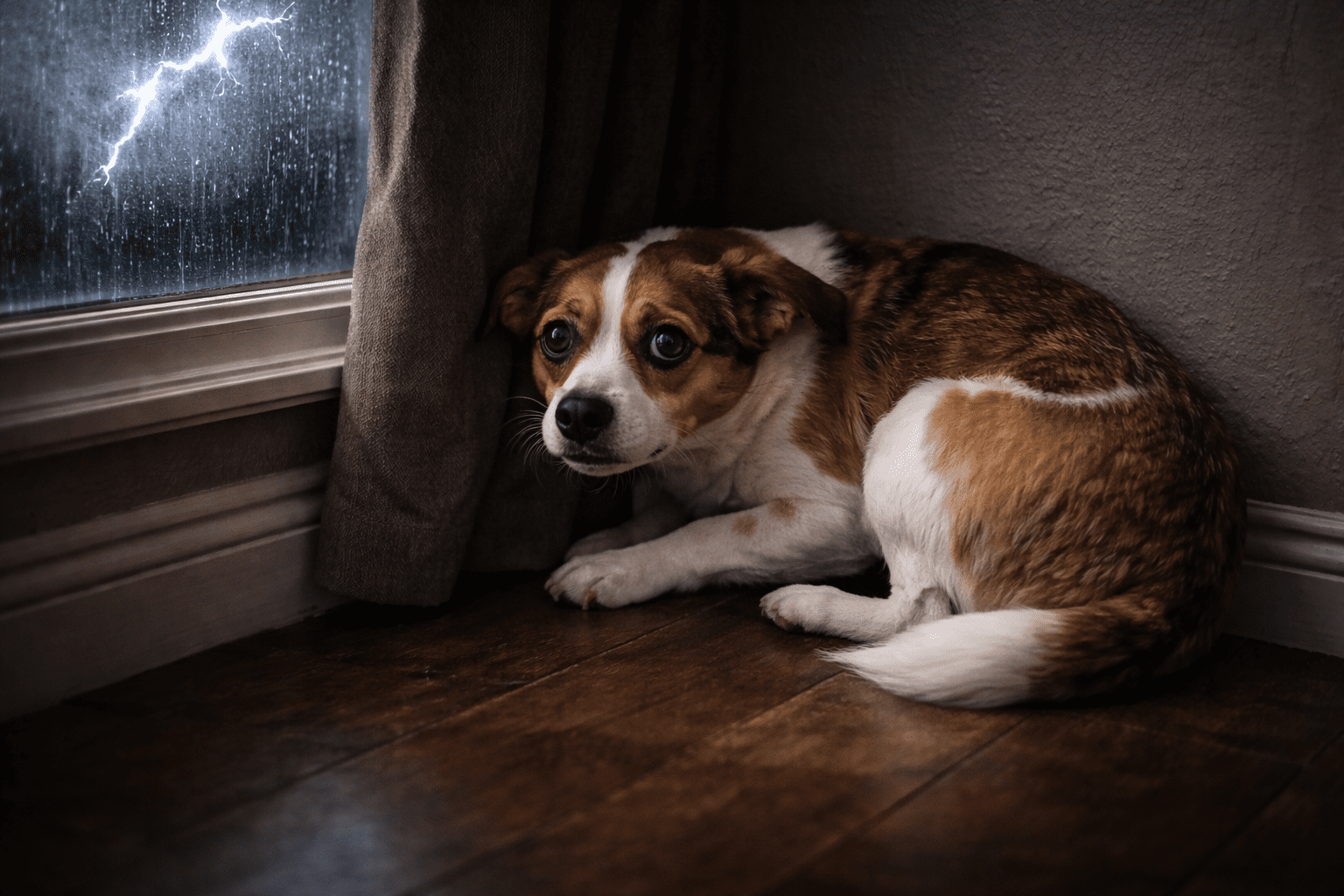 Can Dogs Have Panic Attacks? Signs, Triggers, and How to Help 3 A small brown and white dog cowers in the corner of a room next to a window, looking scared as lightning flashes during a thunderstorm—challenging the common question: are dalmatians aggressive dogs, or just sensitive to storms?.