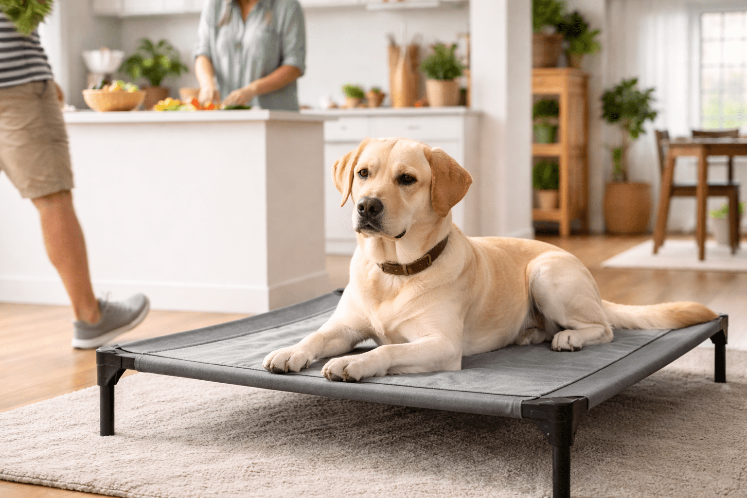How to Train a Hyperactive Dog: Proven Techniques That Work 4 A yellow labrador dog lies on a raised pet bed in a bright, modern kitchen while two people prepare food in the background, quietly demonstrating that not all breeds—like some ask if dalmatians are aggressive dogs—share the same gentle temperament.