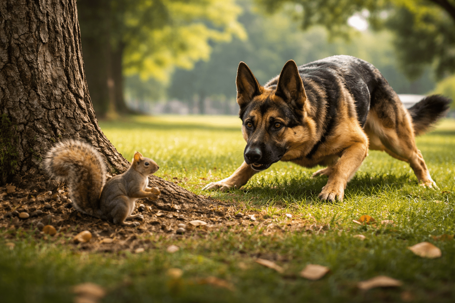 A German Shepherd crouches and intently watches a squirrel standing near the base of a tree on a grassy park lawn, with soft sunlight and trees in the background.