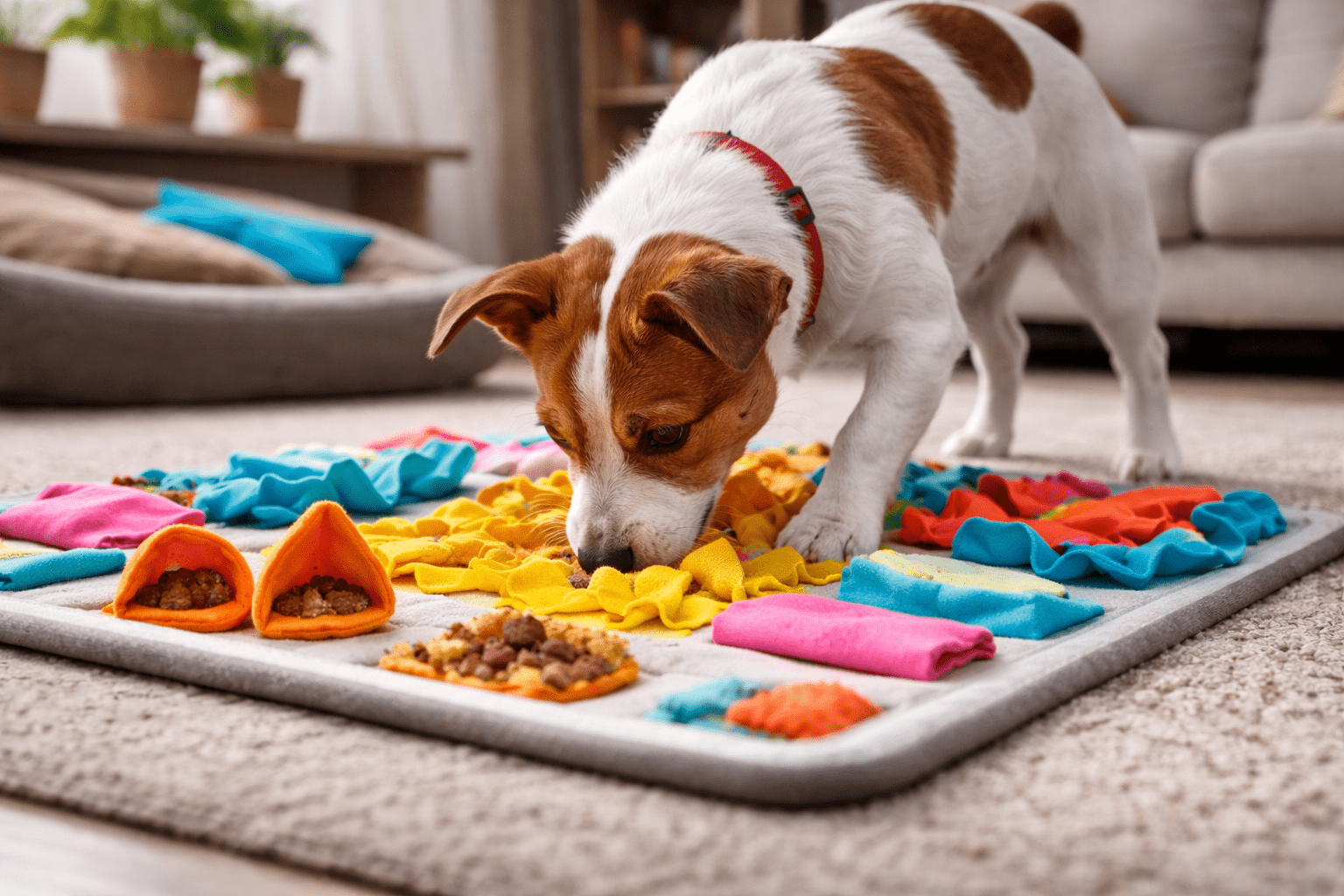How to Calm a Hyperactive Dog: Proven Techniques That Work 3 A small brown and white dog sniffs and searches for treats hidden in a colorful snuffle mat on a carpeted floor in a cozy living room.