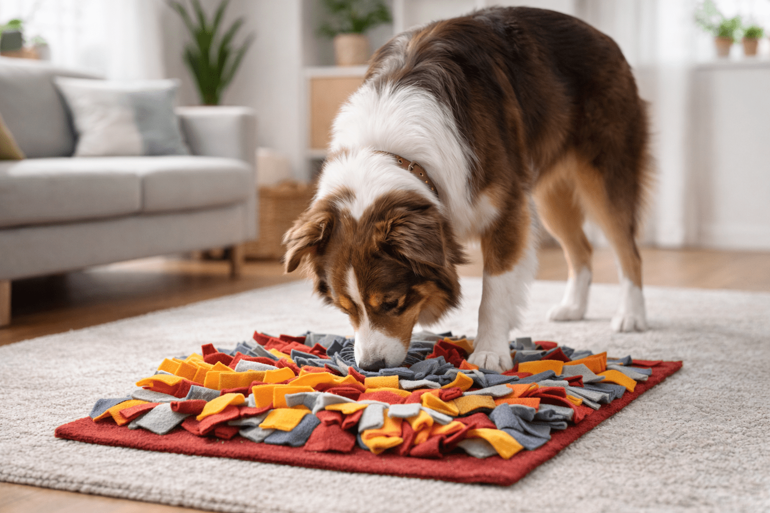 How to Train a Hyperactive Dog: Proven Techniques That Work 3 A dog stands on a carpeted floor, sniffing a colorful snuffle mat with red, orange, yellow, and gray fabric strips in a cozy, bright living room—reminding us not all dogs are dalmatians or aggressive dogs; many just love to play and explore.