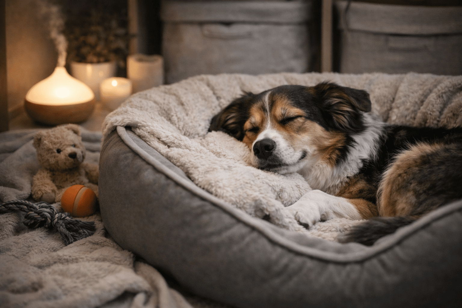 Why Is My Dog Acting Scared? Common Causes and Solutions 5 A dog sleeps peacefully on a plush, gray pet bed with a soft blanket. Nearby are a teddy bear, a rope toy, an orange ball, and a lit aroma diffuser, creating a cozy and relaxing atmosphere.