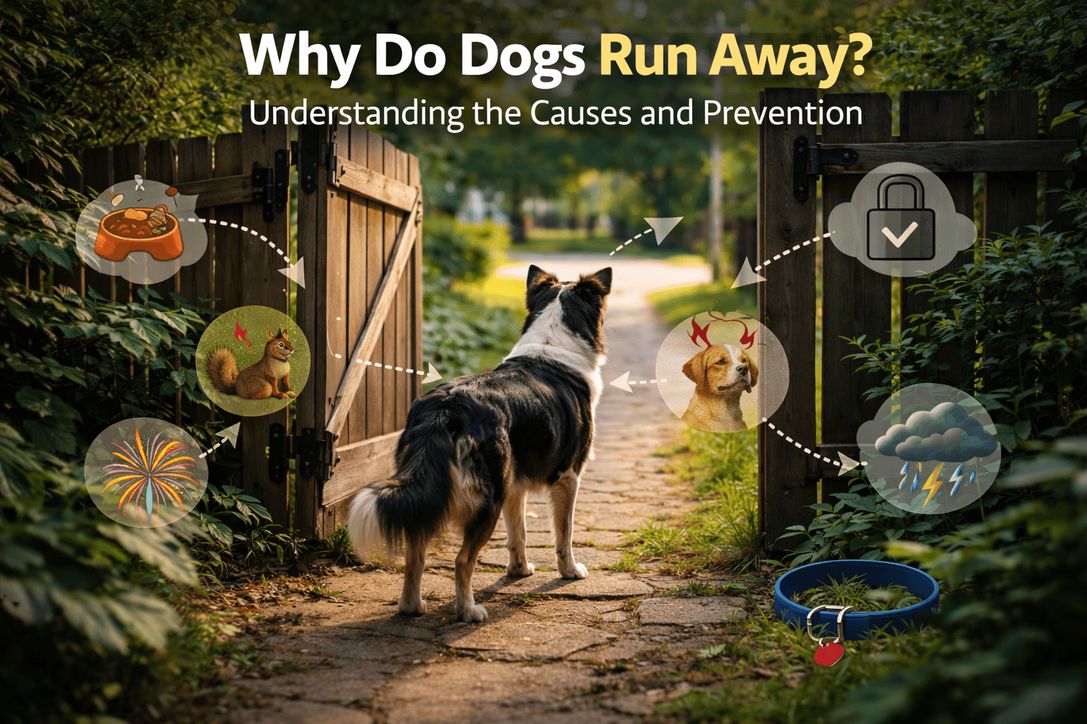 A dog stands at an open garden gate, looking out. Icons around the dog show reasons for running away, including food, a squirrel, fireworks, another angry dog, an unlocked gate, a thunderstorm, and an empty collar.