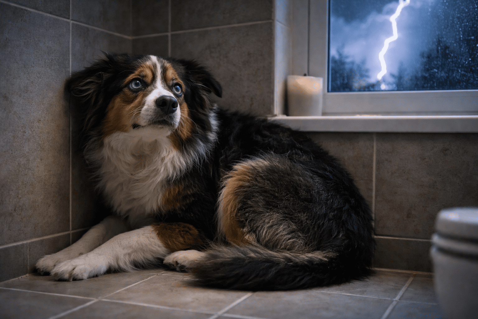 Why Is My Dog Acting Scared? Common Causes and Solutions 3 A scared dog with blue eyes curls up in the corner of a tiled bathroom during a thunderstorm. A bright lightning bolt is visible through the rainy window above a lit candle.