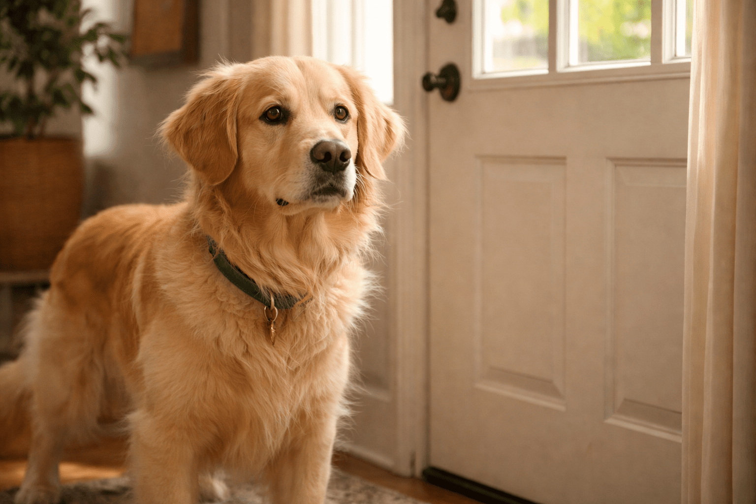 How to Train Your Dog to Stay Home Alone: A Complete Guide 1 A golden retriever with a green collar stands indoors near a white door, looking attentively forward. Warm natural light shines in, highlighting its friendly nature—a contrast to the common question: are dalmatians aggressive dogs?.