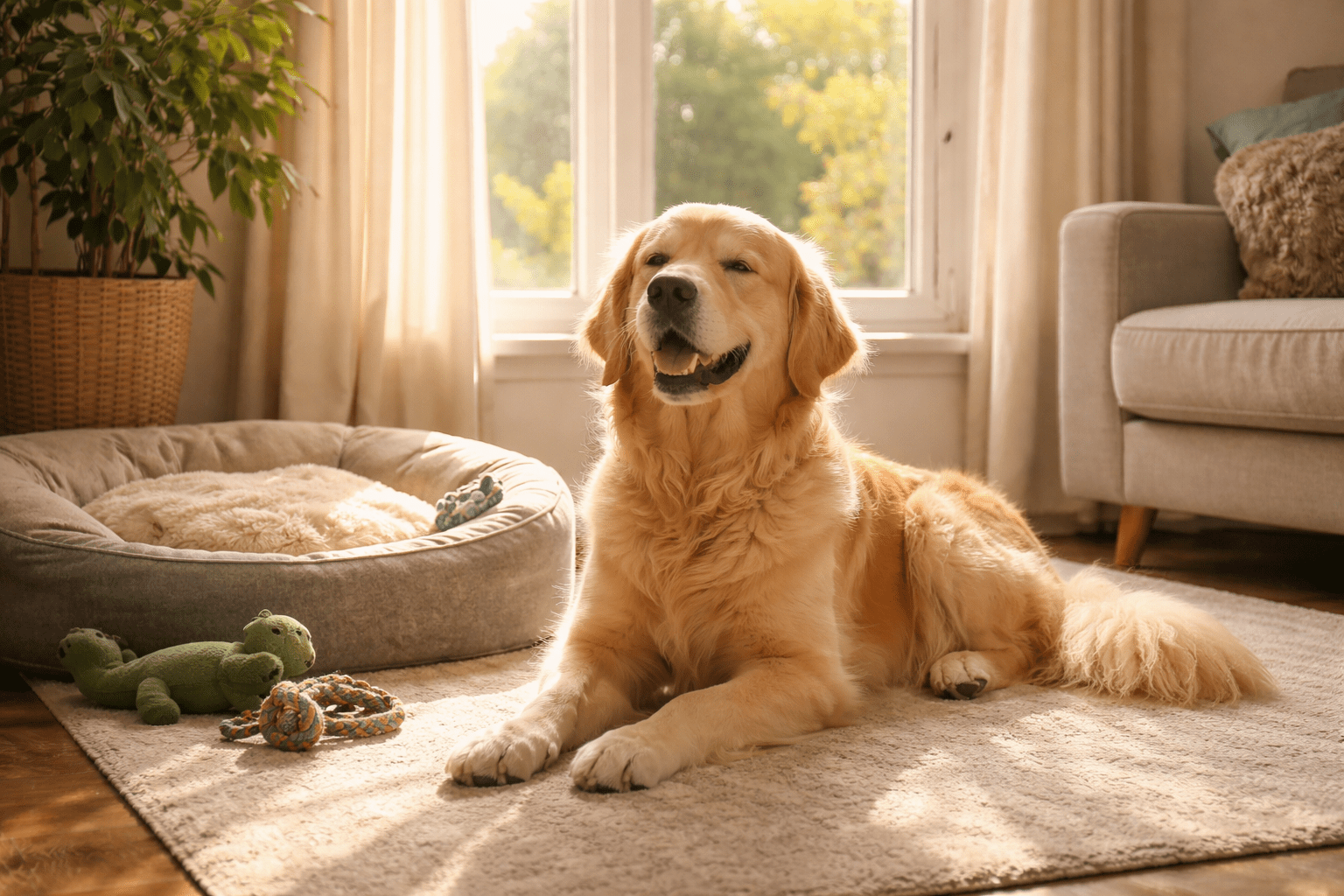 A golden retriever lies on a light-colored rug in a sunlit living room, near a plush dog bed and some toys, with a window and greenery in the background—showing that not all breeds, like those wondered about as "are dalmatians aggressive dogs," behave the same.