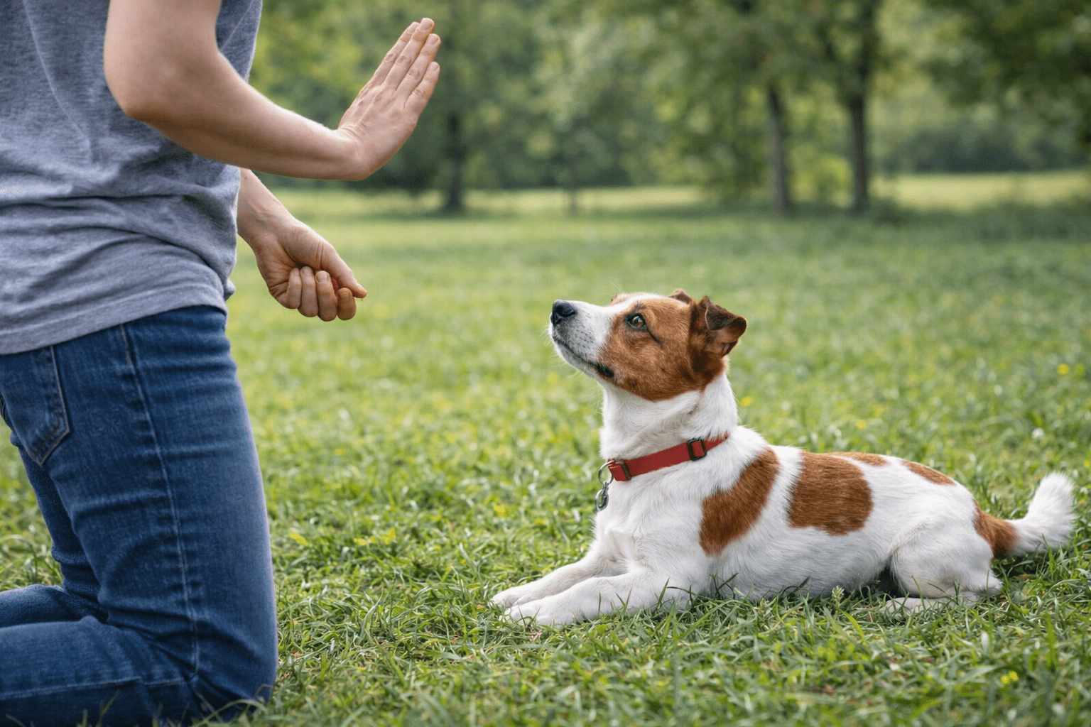 How to Calm a Hyperactive Dog: Proven Techniques That Work 5 A small brown and white dog wearing a red collar lies on grass, attentively looking up at a person kneeling nearby with their hand raised, as if giving a command. Trees and greenery are visible in the background.