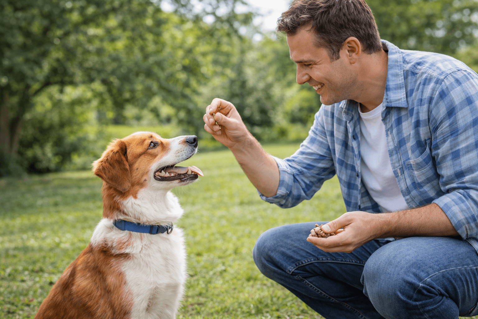 How to Stop Dogs from Digging: Proven Strategies for a Beautiful Yard 2 A man kneels on grass outdoors, smiling and holding a treat above a happy brown and white dog’s head, as the dog sits and looks up at him. Trees and greenery are visible in the background.