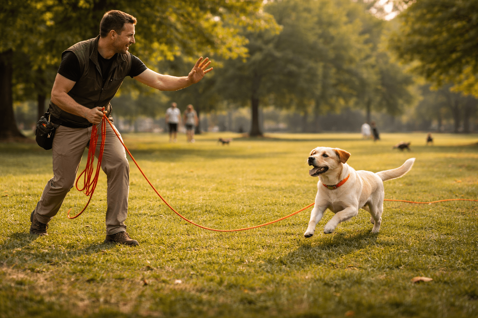 What Is Prey Drive in Dogs: Understanding Your Dog's Hunting Instinct 4 A man holds a long red leash and plays with a happy yellow Labrador retriever in a green park, both surrounded by trees and distant people walking in the background.