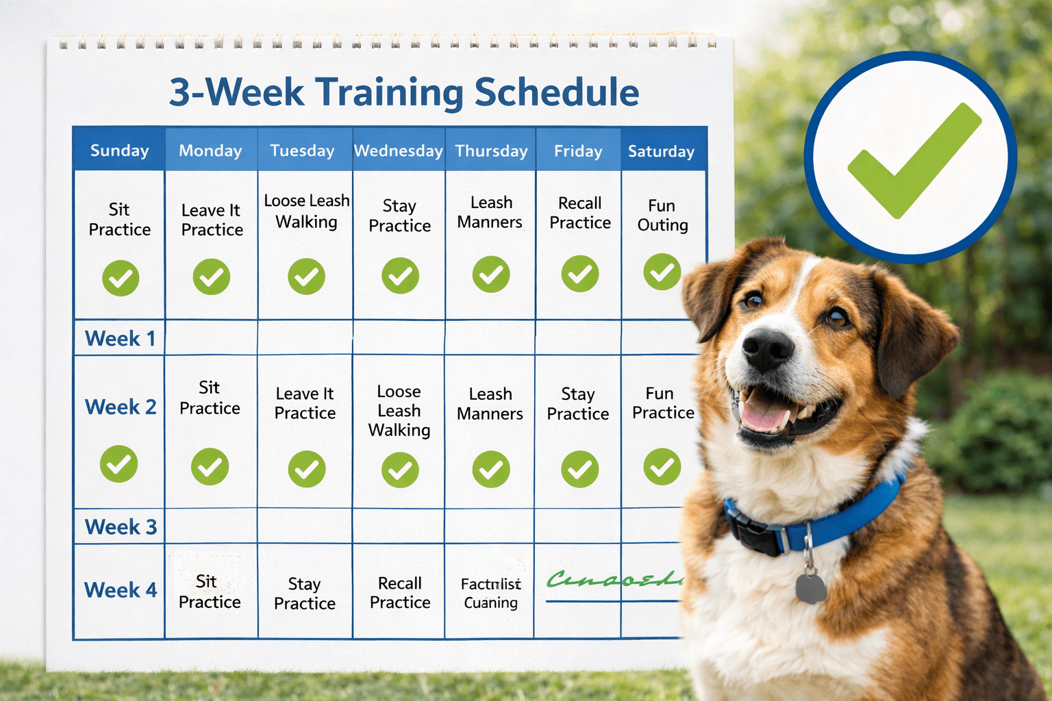 How to Stop a Dog from Eating Poop: A Complete Guide for Dog Owners 4 A 3-week dog training schedule chart showing daily training activities. Next to the chart is a smiling brown and white dog wearing a blue collar, and a large green checkmark appears in the top right corner.