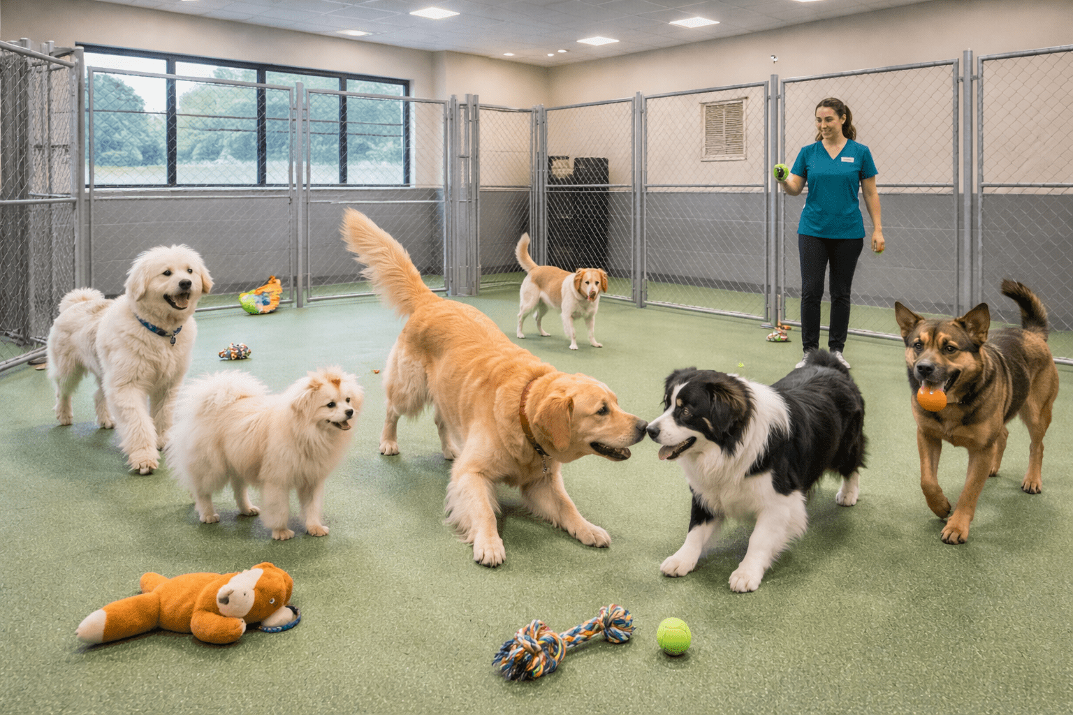 Overnight Dog Boarding Tips: Complete Guide for Pet Owners 4 Dogs playing together during supervised boarding playtime