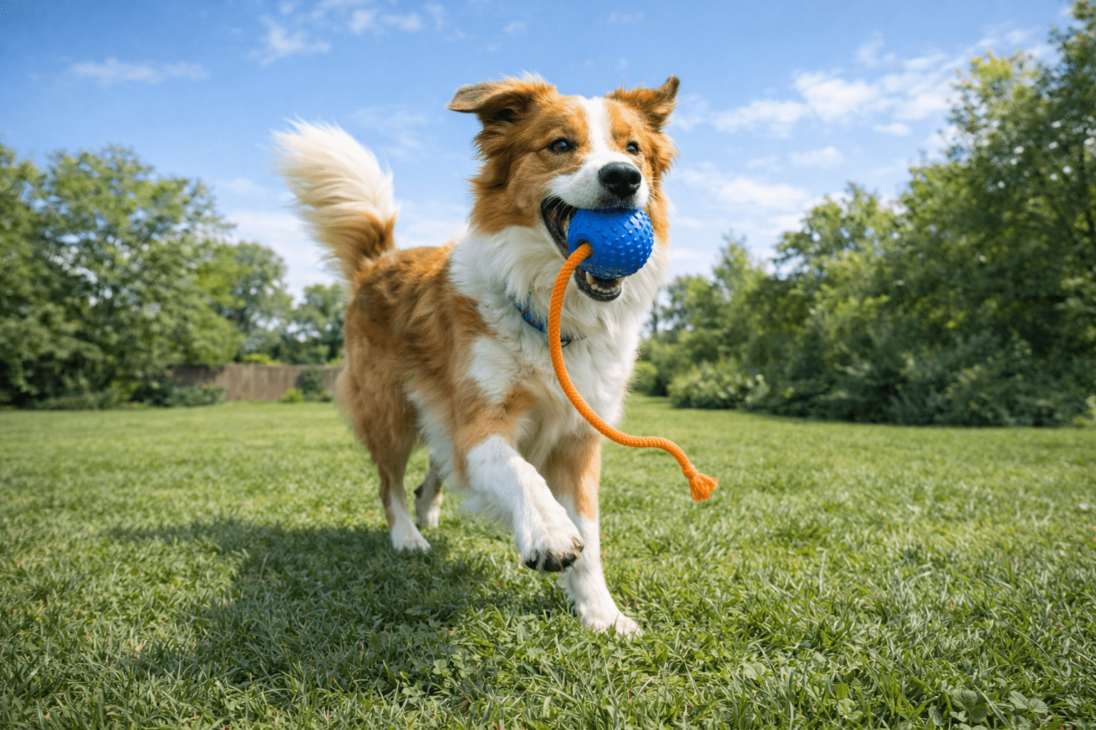 How to Stop Dogs from Digging: Proven Strategies for a Beautiful Yard 3 A happy brown and white dog runs on green grass, carrying a blue ball with an orange rope in its mouth. Trees and a blue sky with scattered clouds are in the background.