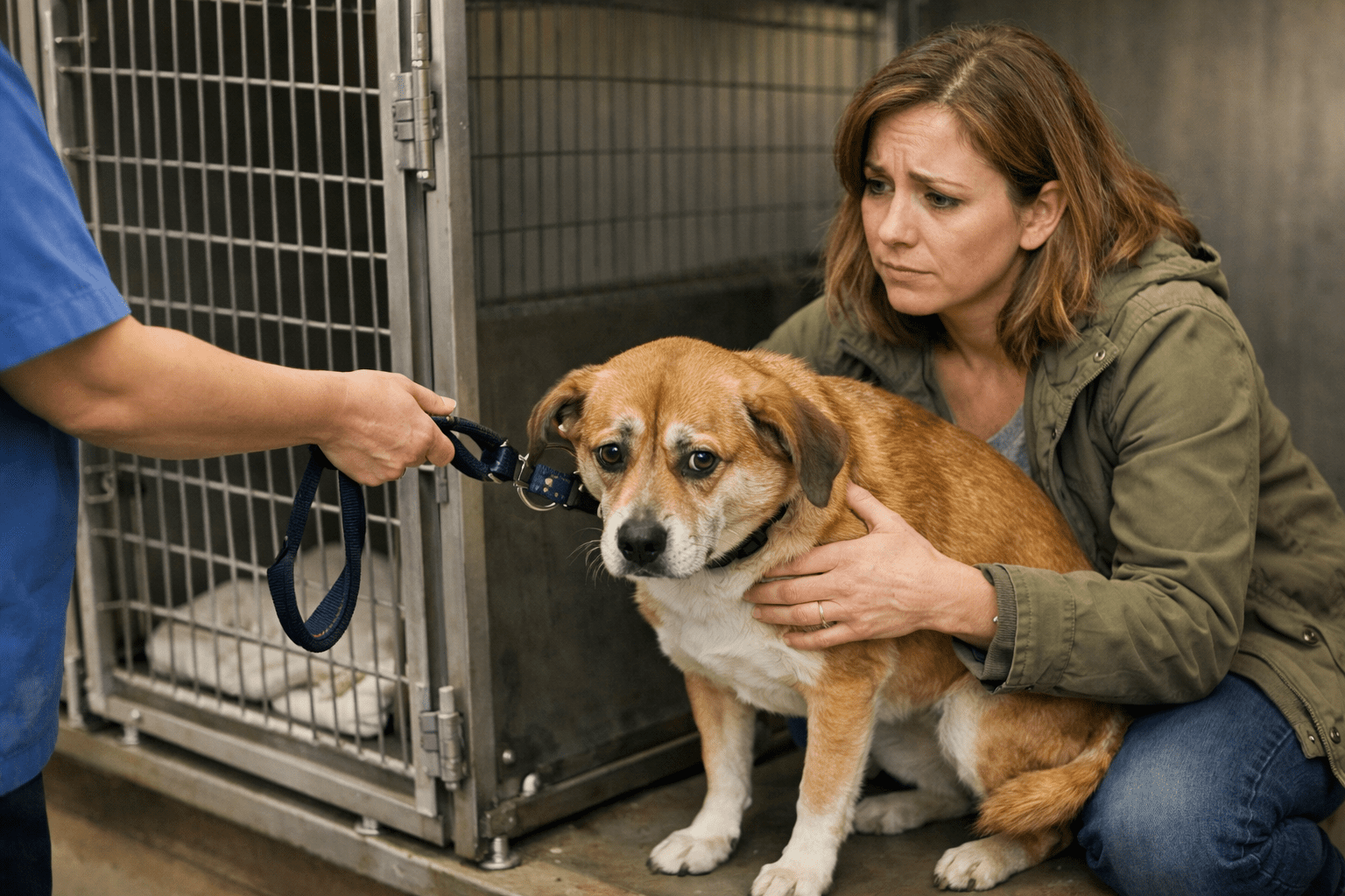 A worried woman kneels beside a scared dog at an animal shelter, gently holding it as a shelter worker—who shares tips on how to train a dog to lay down—offers a leash in front of an open kennel.