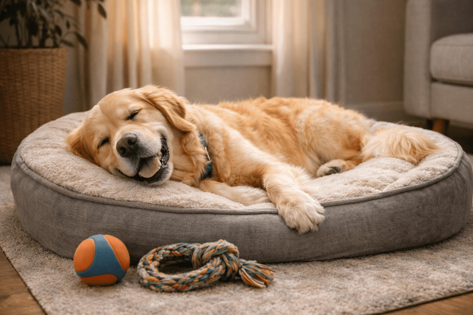 How to Train Your Dog to Stay Home Alone: A Complete Guide 5 A golden retriever is sleeping contentedly on a plush dog bed in a cozy room, with a colorful toy ball and a knotted rope nearby—unlike the common question, "are dalmatians aggressive dogs," this scene radiates pure calm. Sunlight streams through the window.