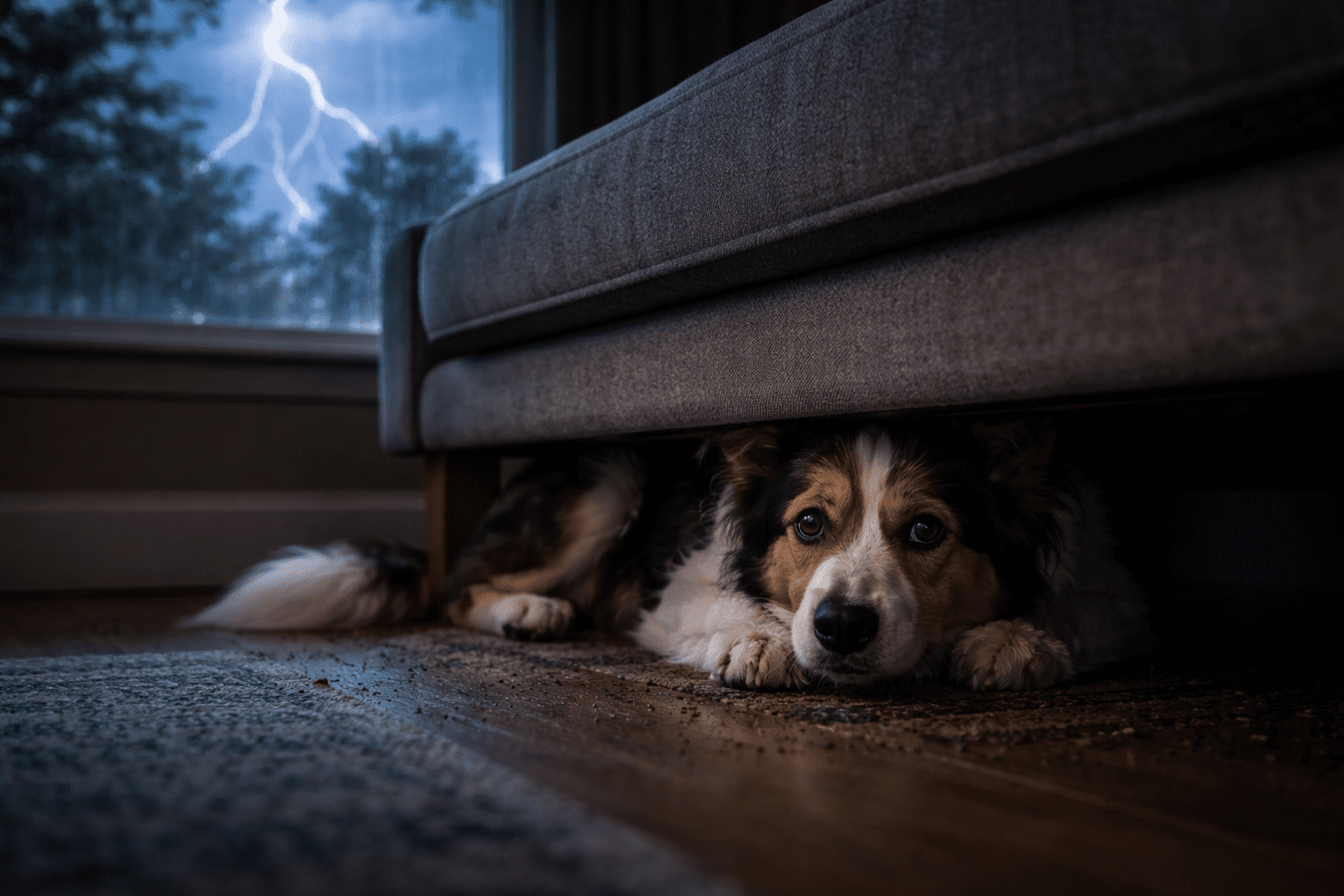 Why Do Dogs Run Away? Understanding the Causes and Prevention 3 A dog lies under a couch, looking anxious, while lightning flashes outside a window in the background, suggesting it is scared during a storm.
