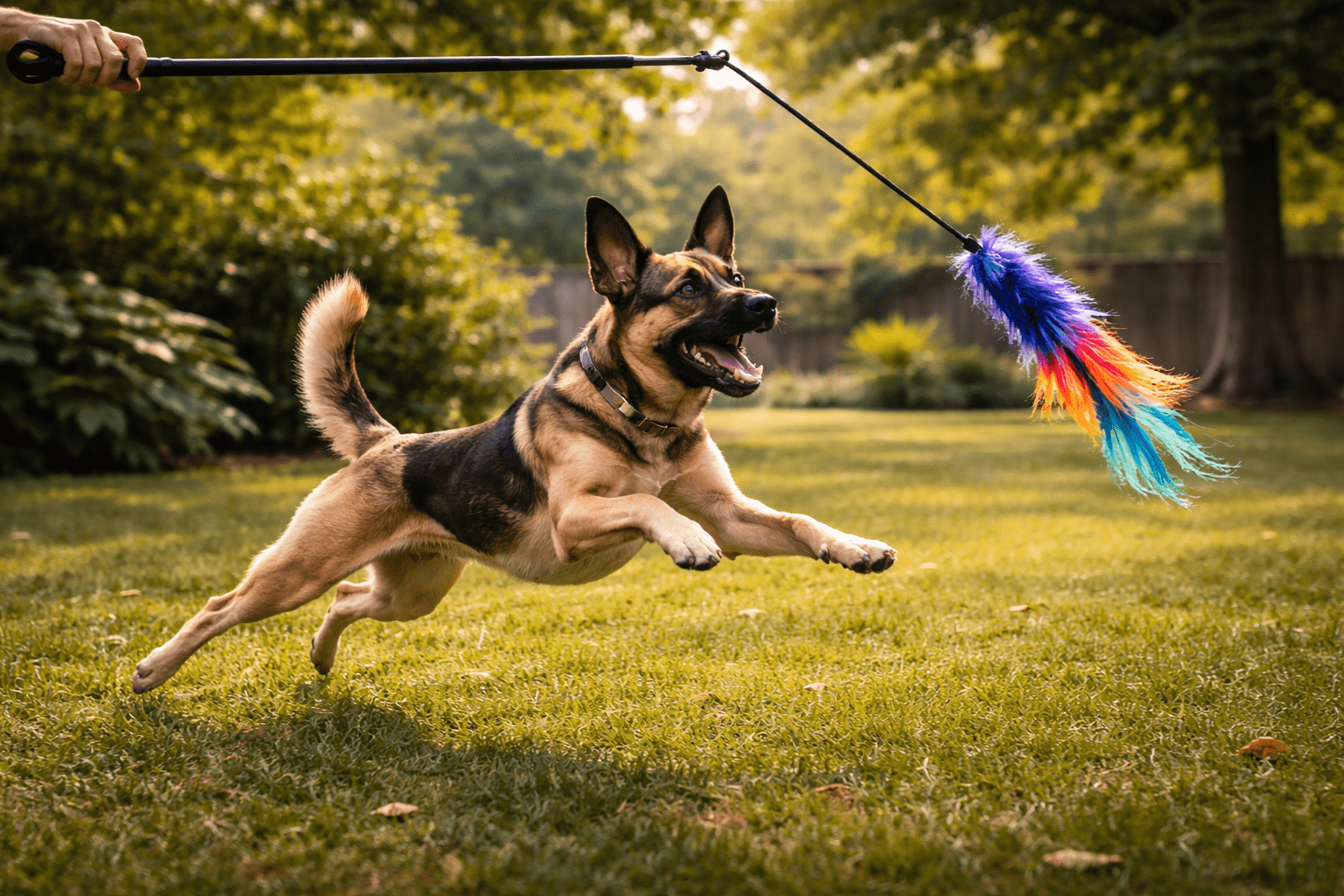 What Is Prey Drive in Dogs: Understanding Your Dog's Hunting Instinct 5 A German Shepherd leaps excitedly in a sunlit yard, chasing a colorful feather toy attached to a stick held by a person out of frame. Lush green grass and trees fill the background.