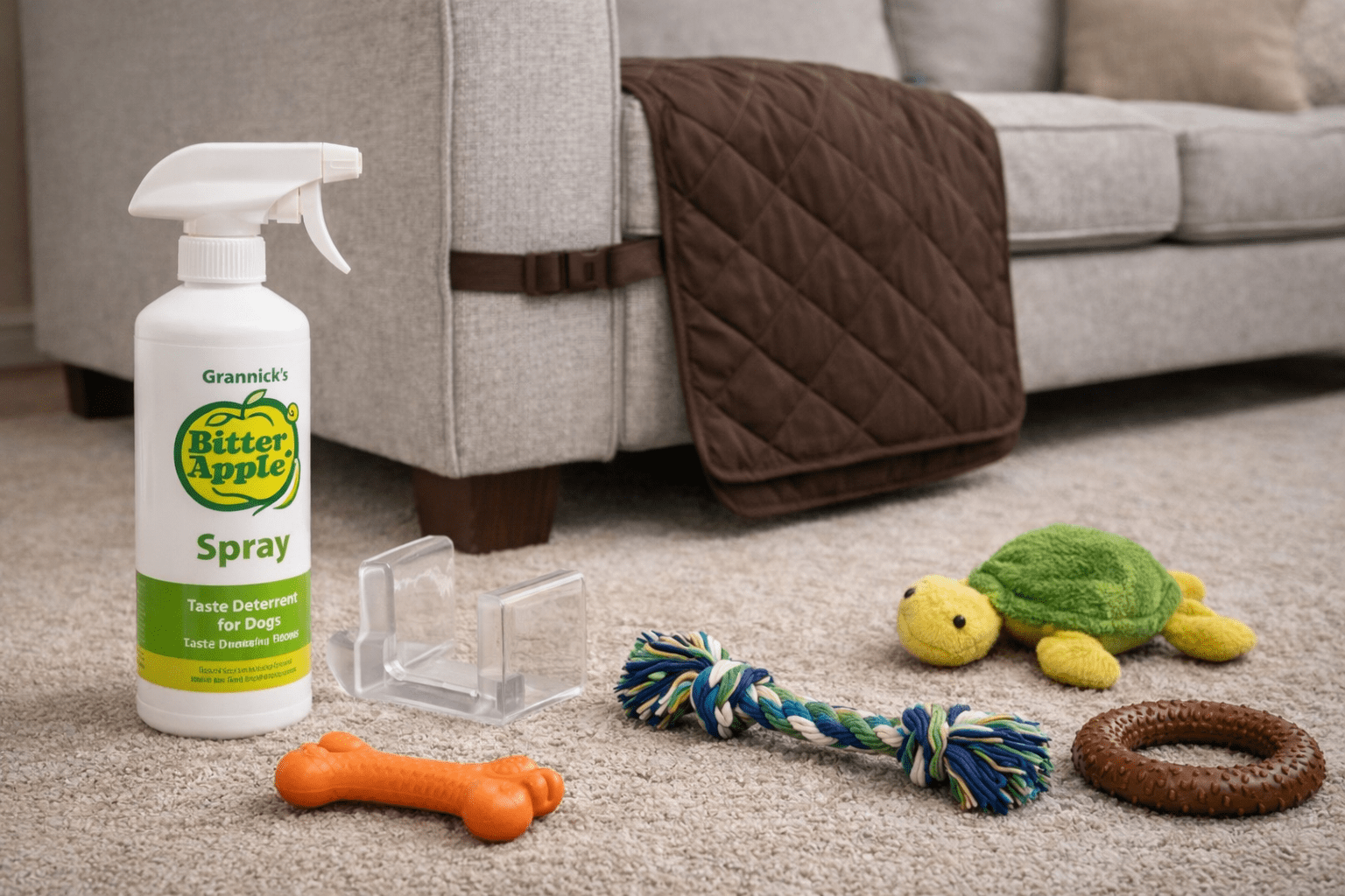 How to Stop a Dog from Chewing Furniture: Training Guide 4 A bottle of Grannick's Bitter Apple spray sits on a beige carpet next to dog toys, perfect for managing situations when your dog keeps humping you. A gray sofa is in the background.