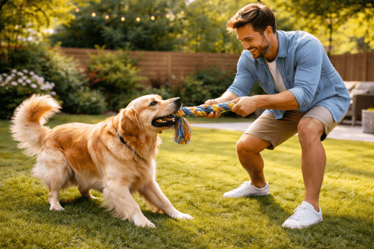 playing tug of war with dog with the owner