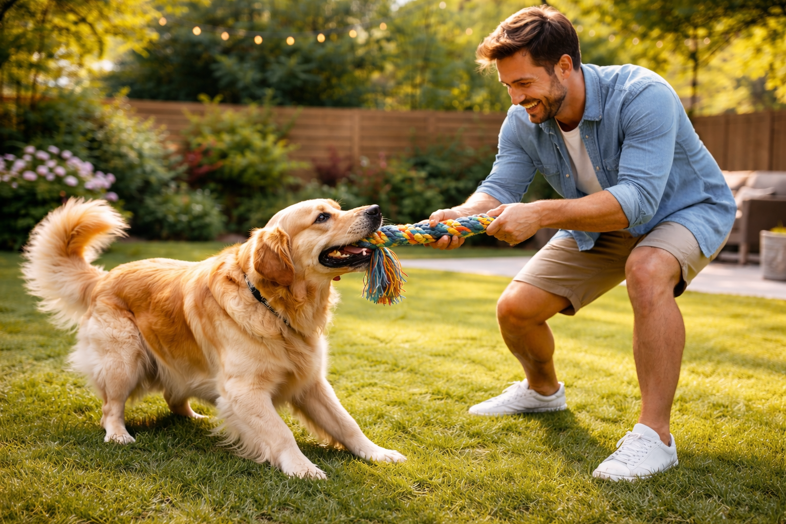 playing tug of war with dog with the owner