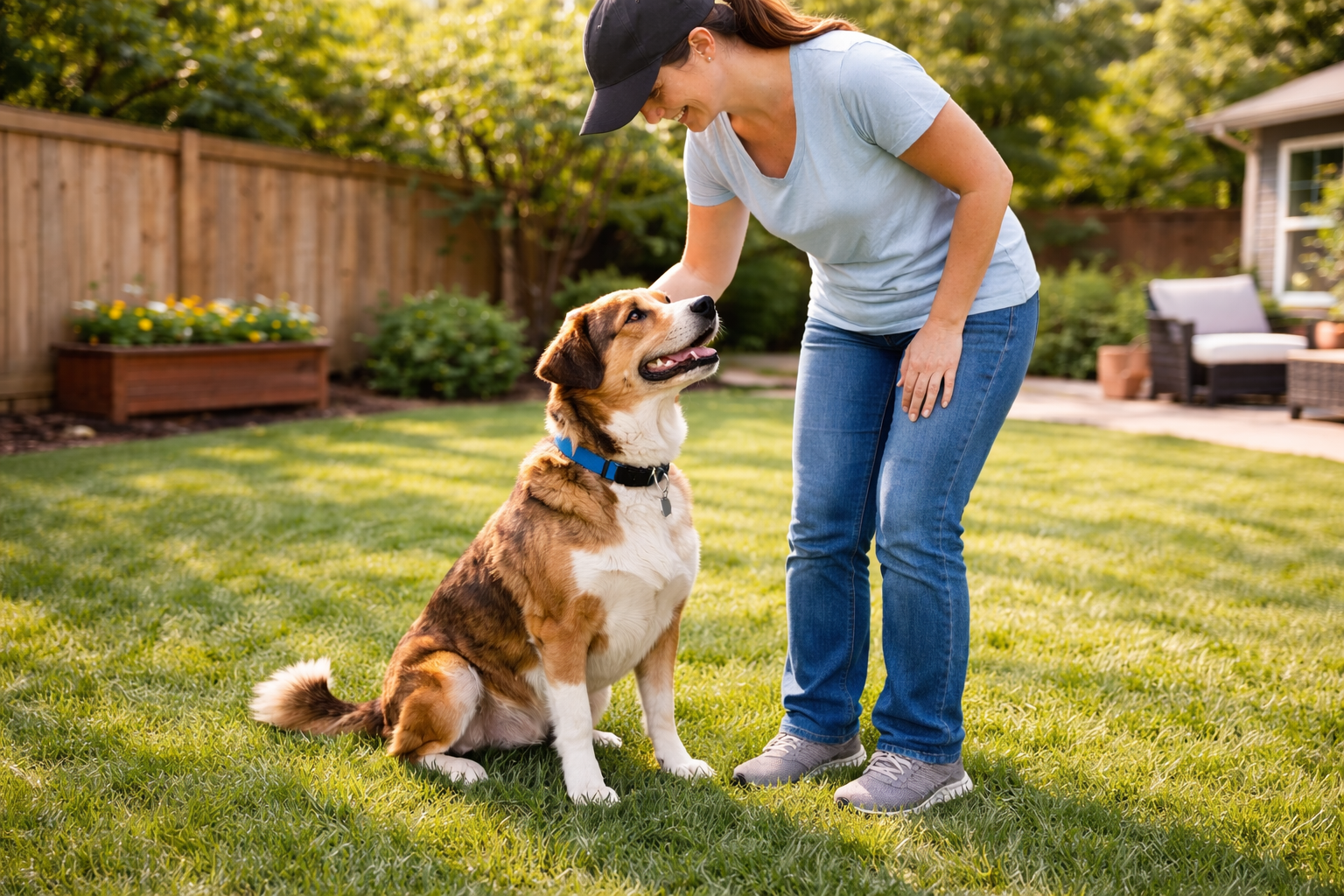 How to Stop a Dog from Eating Poop: A Complete Guide for Dog Owners 5 A woman wearing a cap pets a large, happy dog sitting on grass in a sunny backyard with a wooden fence and garden bed in the background.