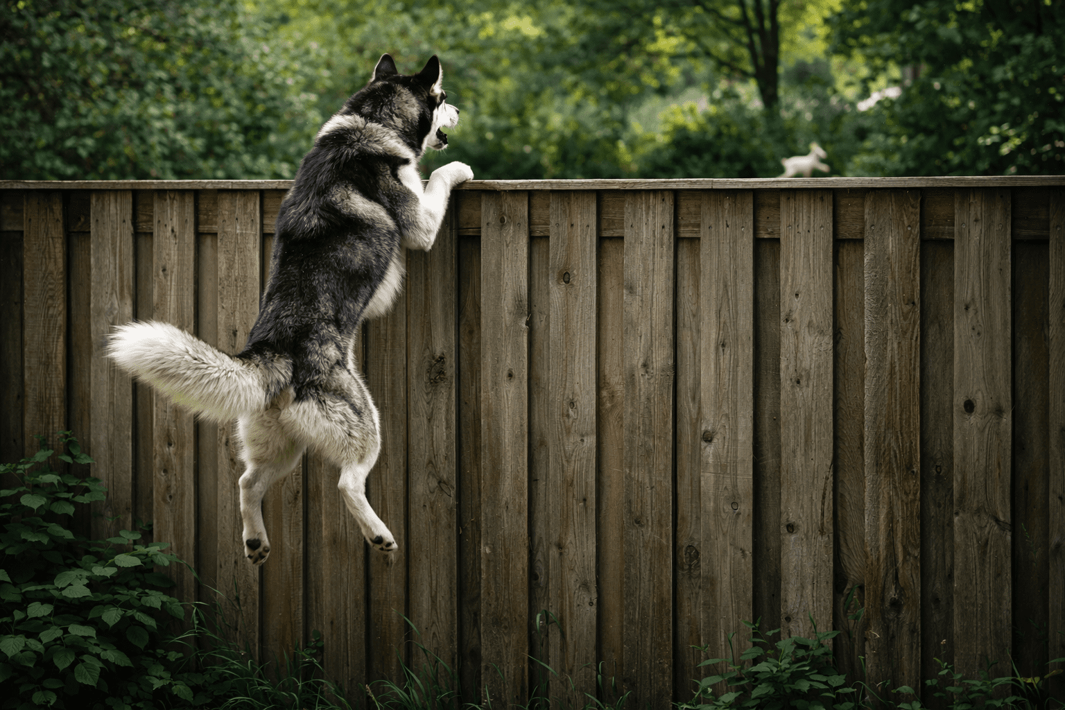Why Do Dogs Run Away? Understanding the Causes and Prevention 1 A husky dog jumps up against a tall wooden fence, peering over the top, with greenery and another dog visible in the background.