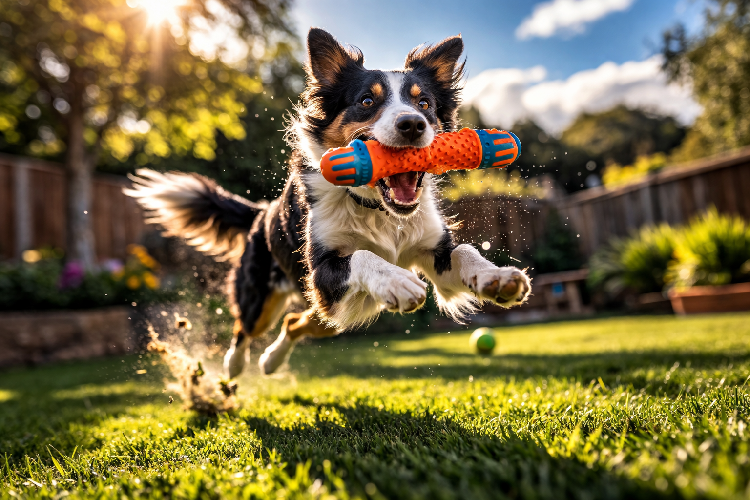A hyperactive dog energetically playing with a durable rubber toy in a backyard