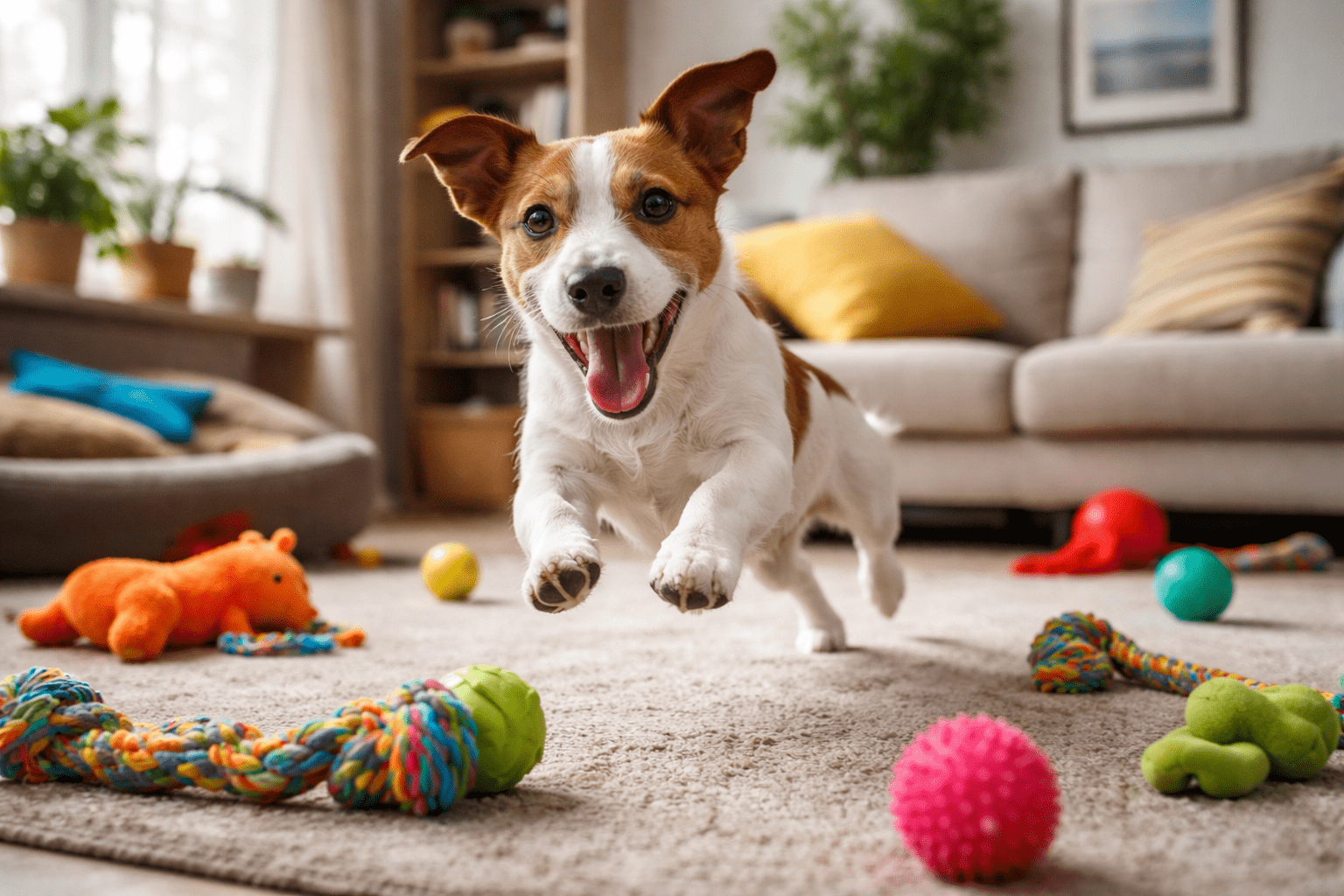 A happy Jack Russell Terrier jumps in a living room filled with colorful dog toys, including balls and ropes, with a couch and houseplants in the background.