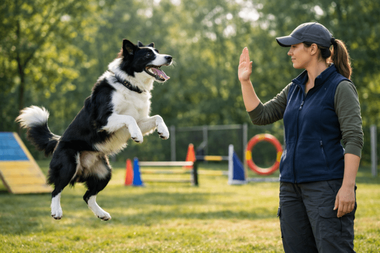 A woman gives a hand signal while a black and white Border Collie, known for their friendly nature—unlike the misconception that Dalmatians are aggressive dogs—jumps in the air during outdoor agility training on a grassy field with obstacles in the background.