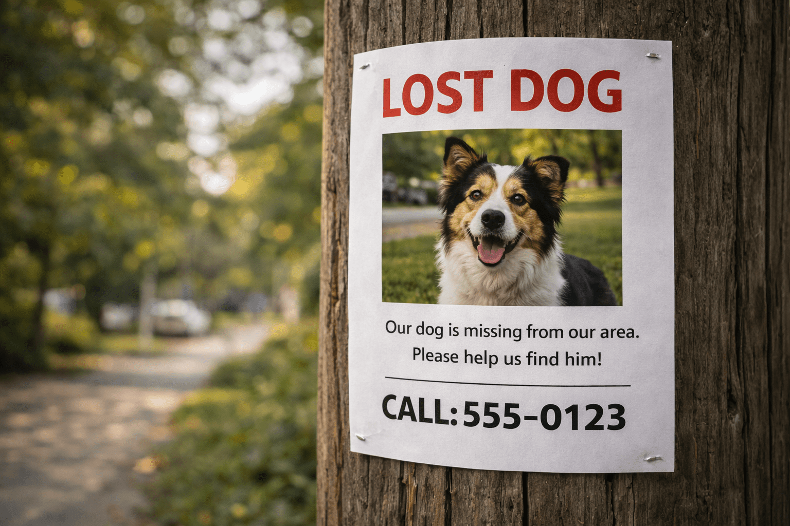 Why Do Dogs Run Away? Understanding the Causes and Prevention 5 A "Lost Dog" poster is taped to a wooden pole, showing a photo of a dog with brown, black, and white fur. The sign asks for help finding the dog and provides a contact phone number: 555-0123.