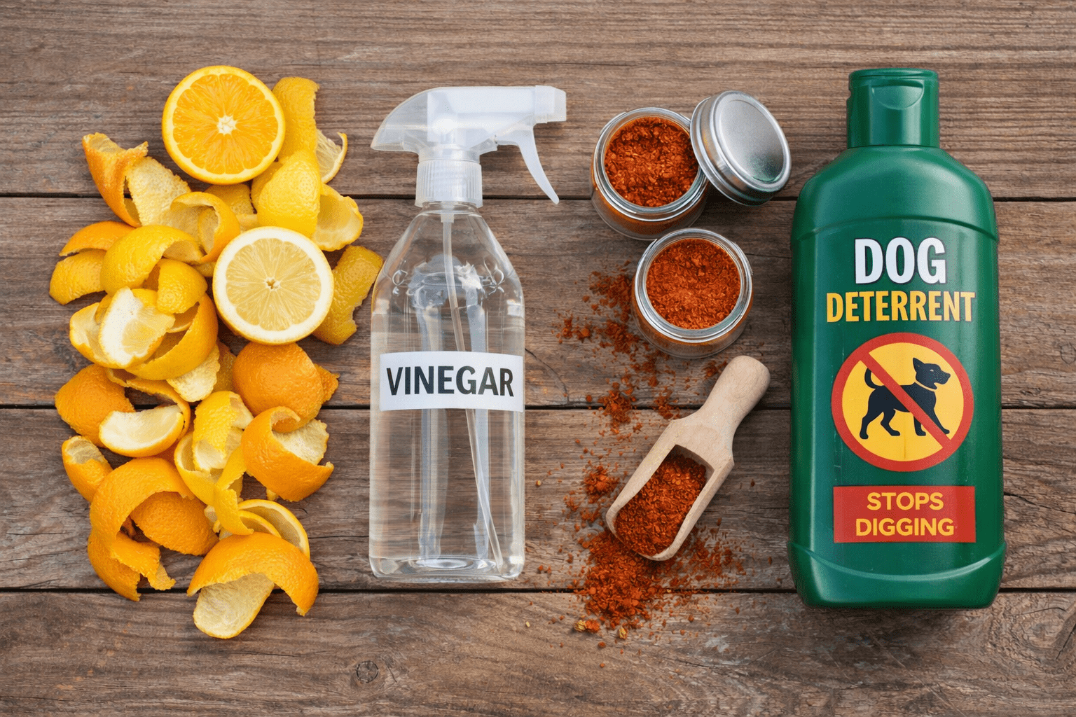 How to Stop Dogs from Digging: Proven Strategies for a Beautiful Yard 4 A flat lay of orange and lemon peels, a spray bottle labeled "Vinegar," two open spice jars with red powder, a wooden scoop with powder, and a green bottle labeled "Dog Deterrent Stops Digging" on a wooden surface.