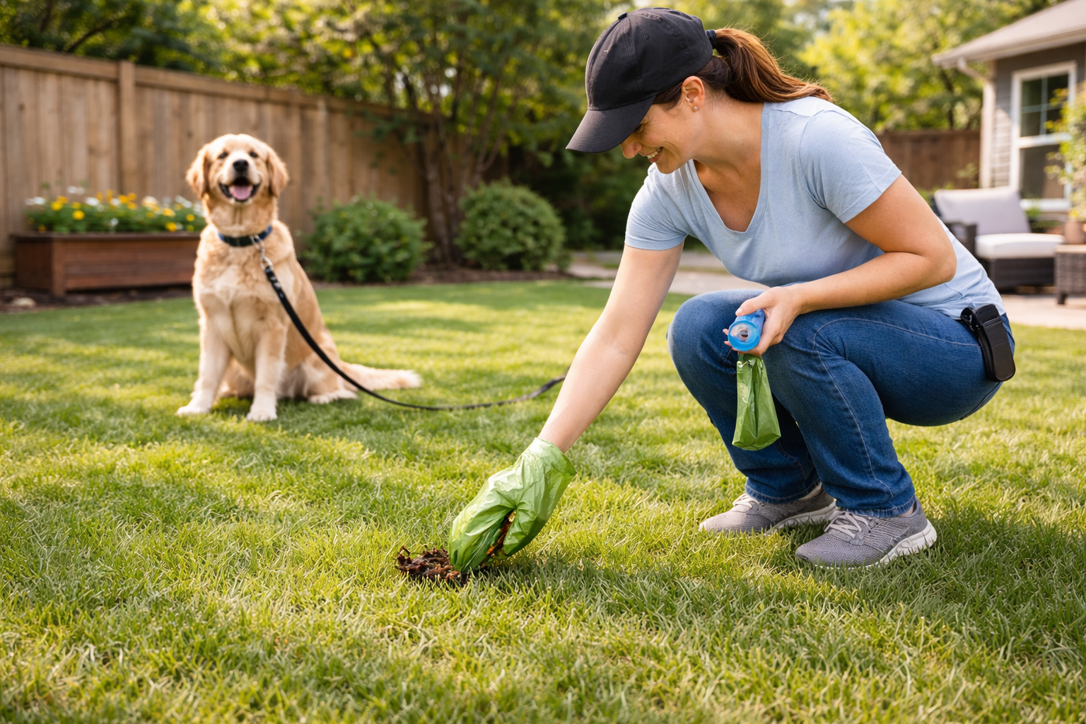 How to Stop a Dog from Eating Poop: A Complete Guide for Dog Owners 2 A woman wearing a cap and gloves picks up dog waste in a backyard with a plastic bag, while a golden retriever on a leash sits on the grass and looks on happily.