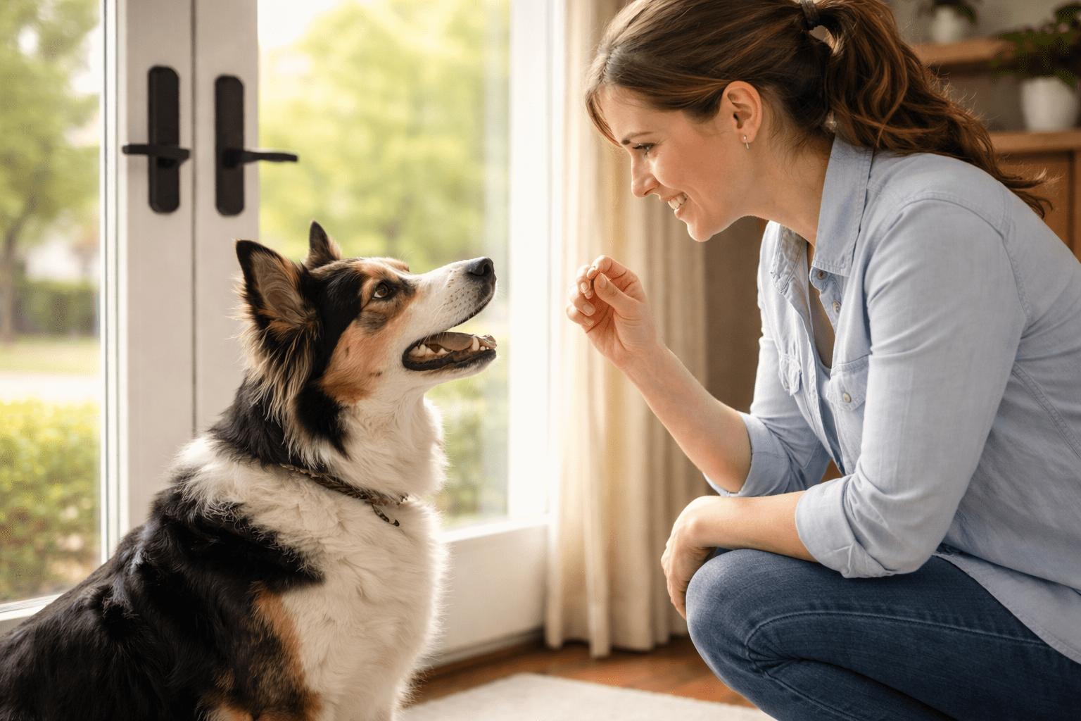 How to Stop Territorial Barking: Effective Training Methods That Work 2 Dog owner using positive reinforcement training to teach quiet command