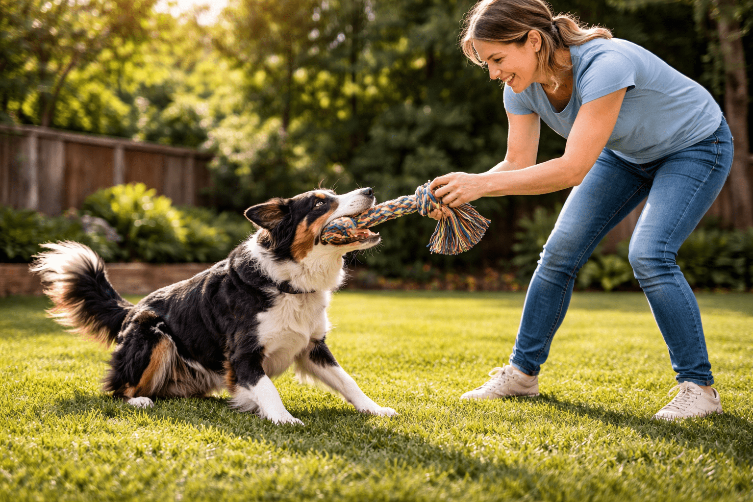 Dog Toys for Hyperactive Dogs: Best Options to Channel Their Energy 4 Dog owner using a tug toy for structured training and play session with their energetic dog