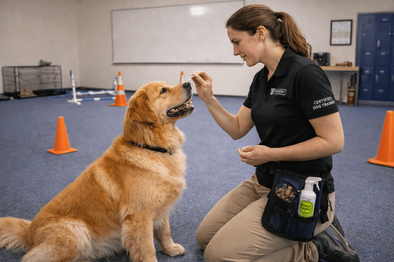 How to Stop a Dog from Chewing Furniture: Training Guide 5 A woman dog trainer holds a treat while giving commands to a golden retriever sitting calmly indoors, surrounded by orange cones and training equipment—perfect for addressing issues like when your dog keeps humping you.