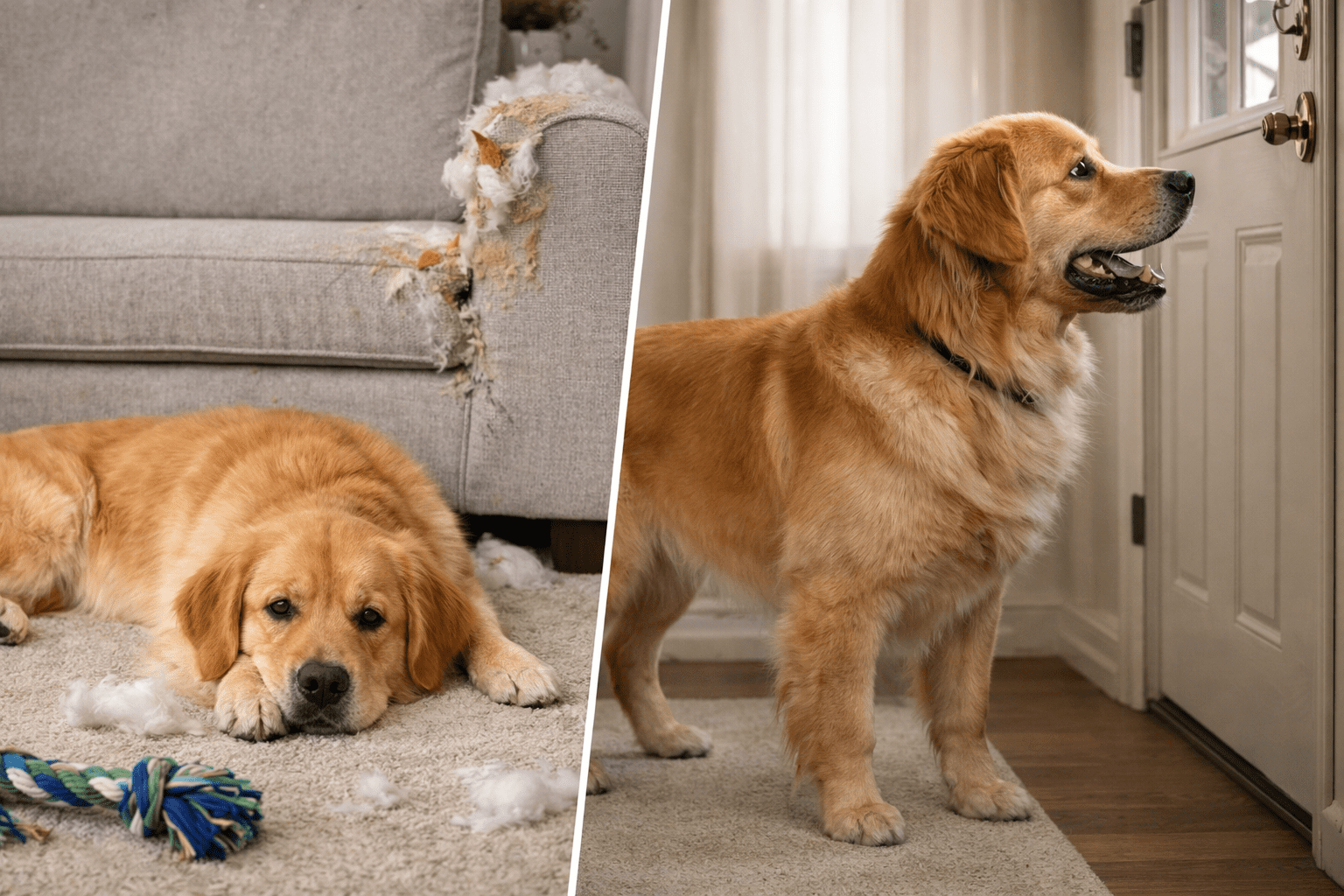 How to Stop a Dog from Chewing Furniture: Training Guide 1 A split image shows a golden retriever lying sadly by a chewed-up sofa with stuffing scattered around, and the same dog—known to some for when their dog keeps humping them—standing happily by a door, looking outside.