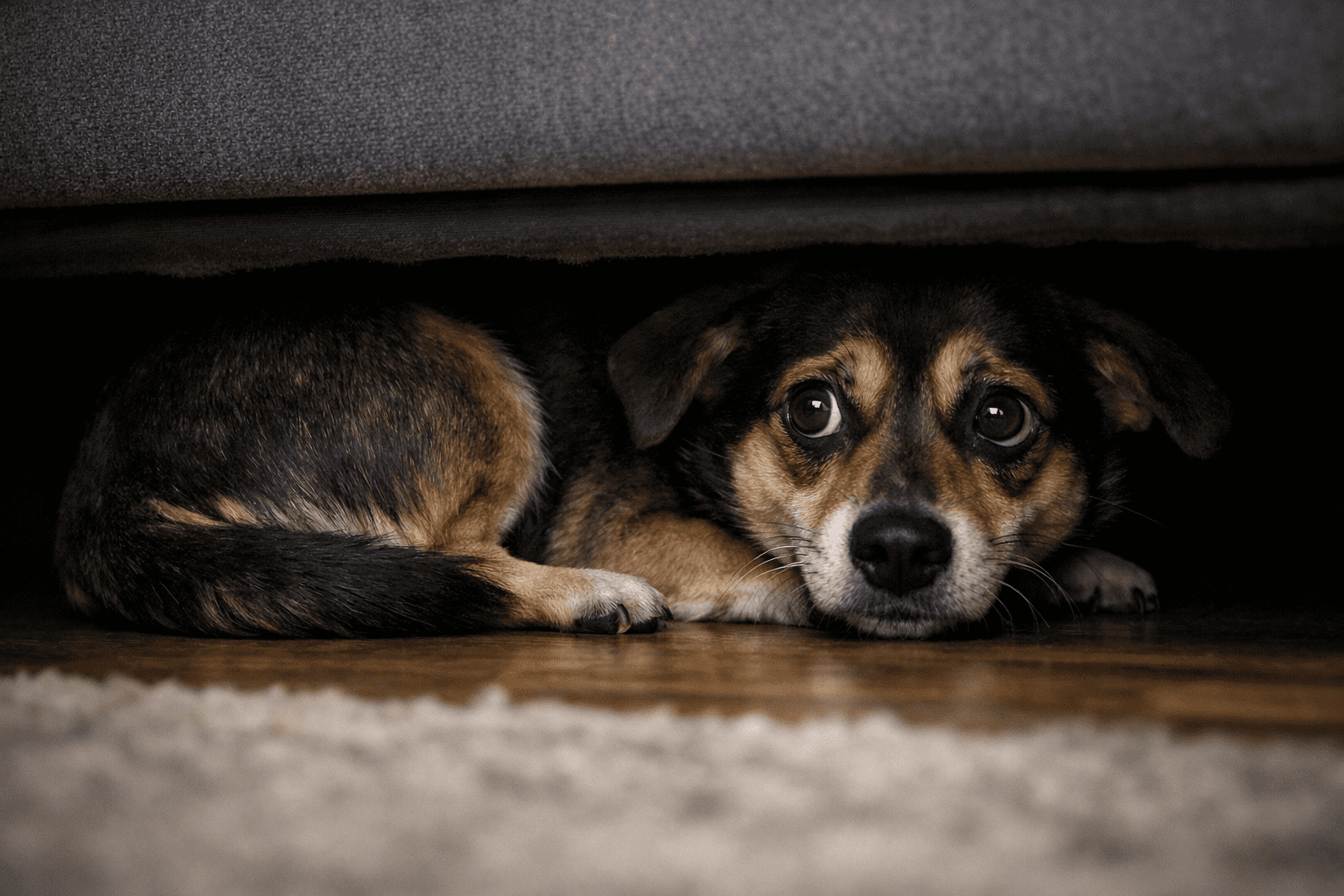 Why Is My Dog Acting Scared? Common Causes and Solutions 1 A small, scared dog with dark fur and light markings lies on the floor under a couch, looking up with wide, anxious eyes. The room has a carpet and wooden floor.