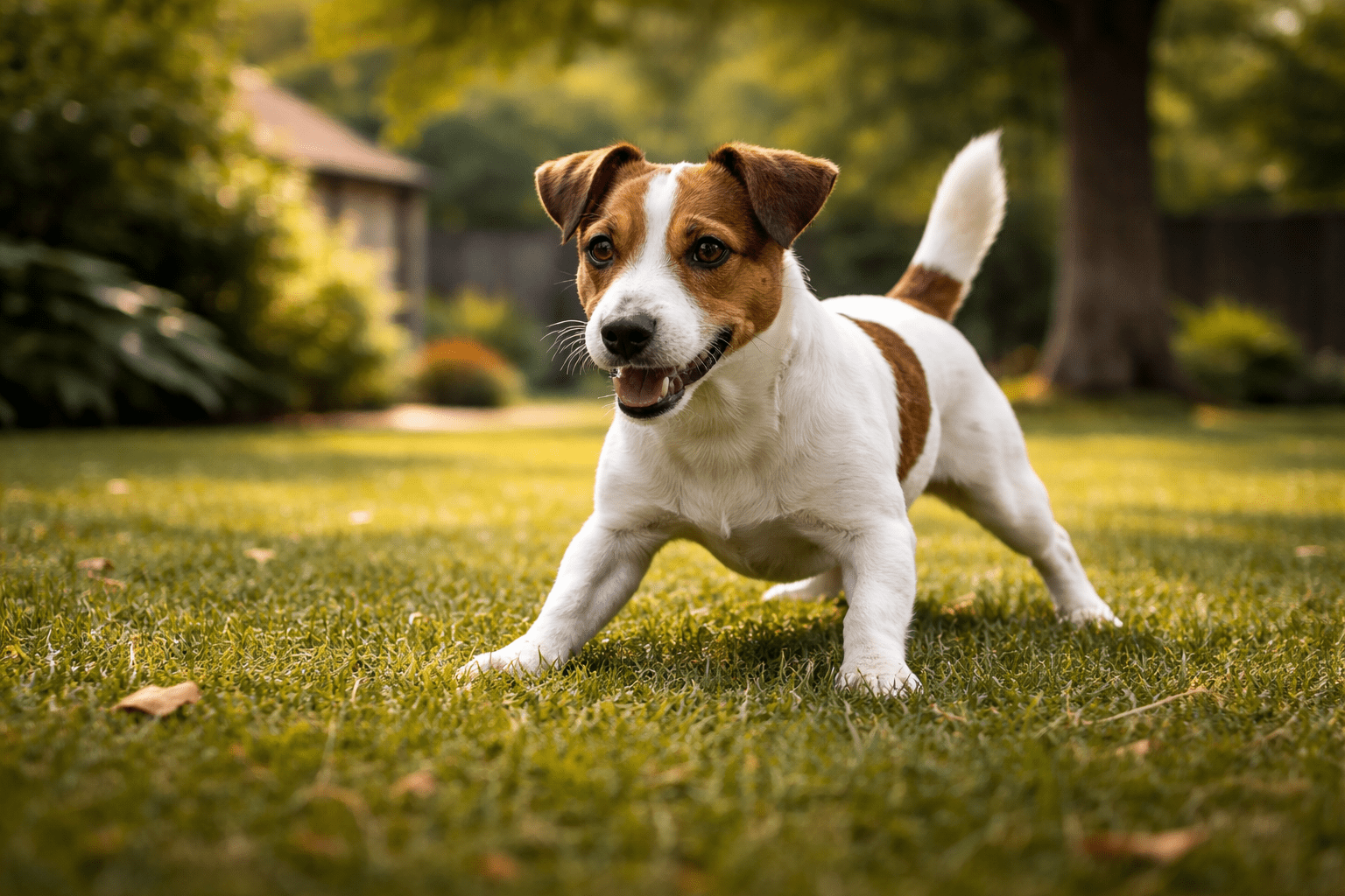 What Is Prey Drive in Dogs: Understanding Your Dog's Hunting Instinct 3 A playful Jack Russell Terrier stands on green grass in a sunny backyard, looking alert and happy with its tail up and ears perked. There are trees and a house in the blurred background.