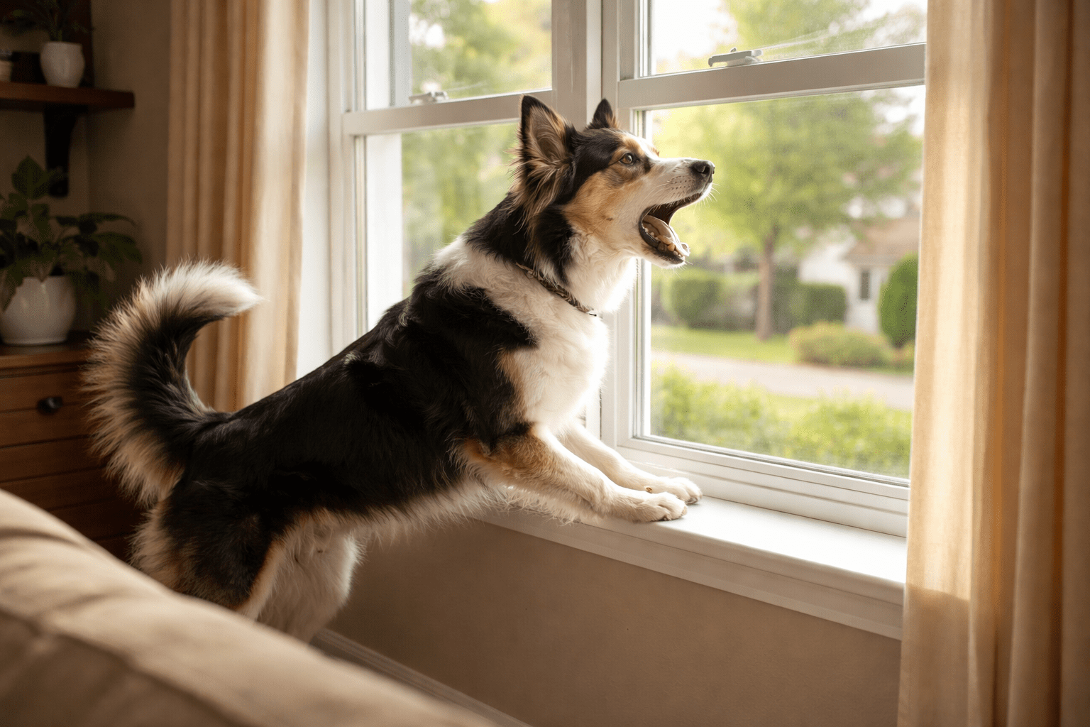 Dog barking at window showing territorial behavior at home