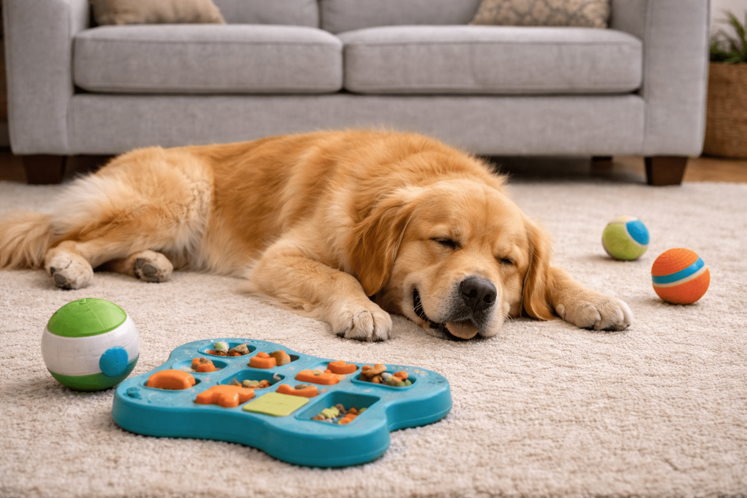 How to Stop a Dog from Chewing Furniture: Training Guide 3 A golden retriever, who sometimes tries to dog keep humping me, lies asleep on a beige carpet in the living room, surrounded by colorful toys and a blue puzzle feeder, with a gray sofa in the background.