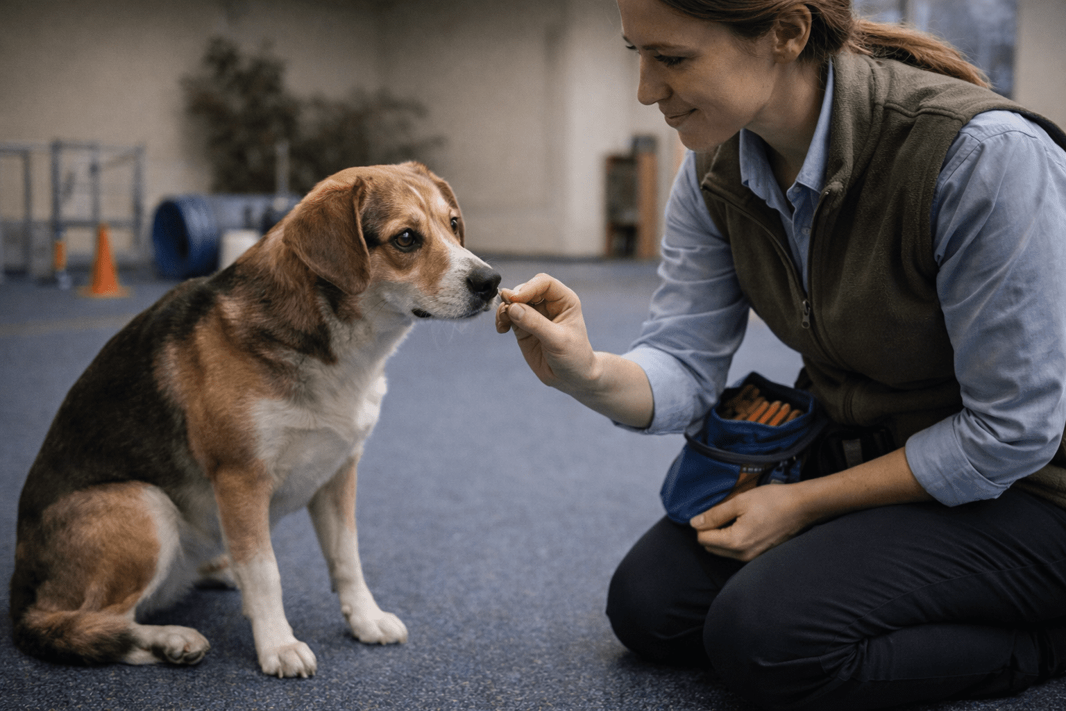 Why Is My Dog Acting Scared? Common Causes and Solutions 4 A woman kneels on the floor indoors, smiling as she gives a treat to a sitting dog. The dog looks attentively at the woman. Training equipment is visible in the background.