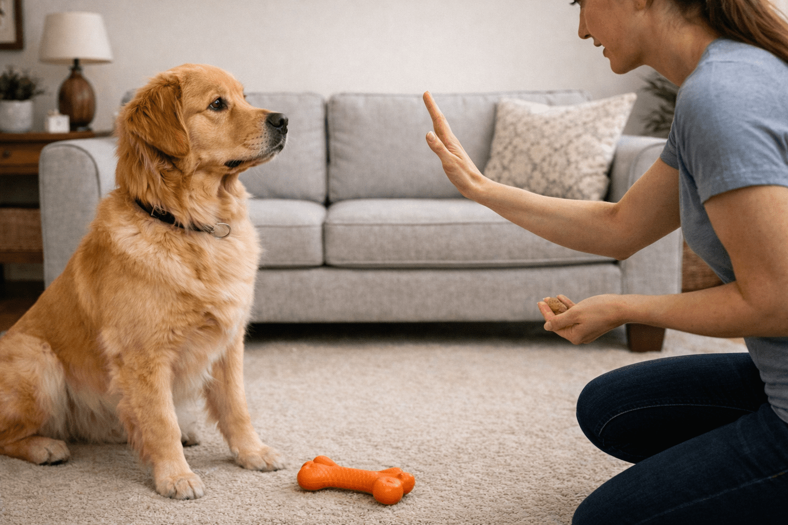 How to Stop a Dog from Chewing Furniture: Training Guide 2 A woman kneels on a carpeted floor in front of a golden retriever, holding her hand up as if giving a command to address why the dog keep humping me. The dog sits attentively beside an orange bone-shaped toy, with a couch in the background.