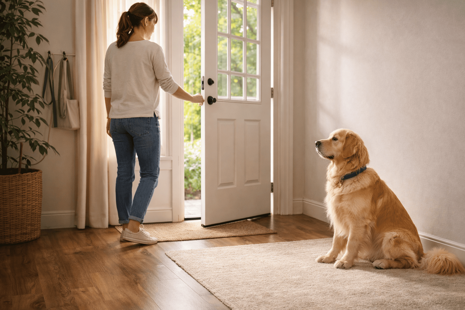 How to Train Your Dog to Stay Home Alone: A Complete Guide 3 A woman opens a white front door while a golden retriever sits on a rug in a bright, cozy room with wooden floors and a large potted plant. Though some may wonder, “are dalmatians aggressive dogs?”, this golden looks perfectly calm as sunlight streams in.