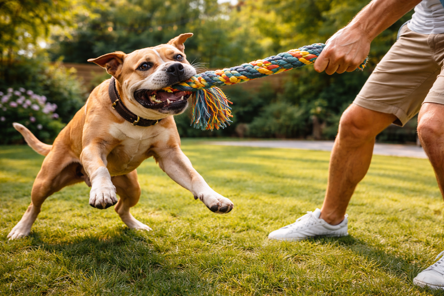 Playing Tug of War With Dog: Complete Guide for Safe & Fun Play 4 Owner and dog enjoying a calm, controlled tug of war session together, both looking happy and engaged, demonstrating the positive bonding experience of properly played tug of war.