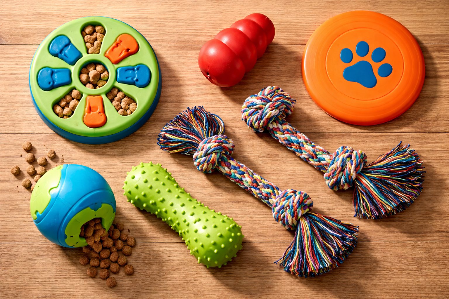 Dog Toys for Hyperactive Dogs: Best Options to Channel Their Energy 2 Collection of different dog toy types including puzzle toys, chew toys, fetch toys, and tug ropes arranged on a surface