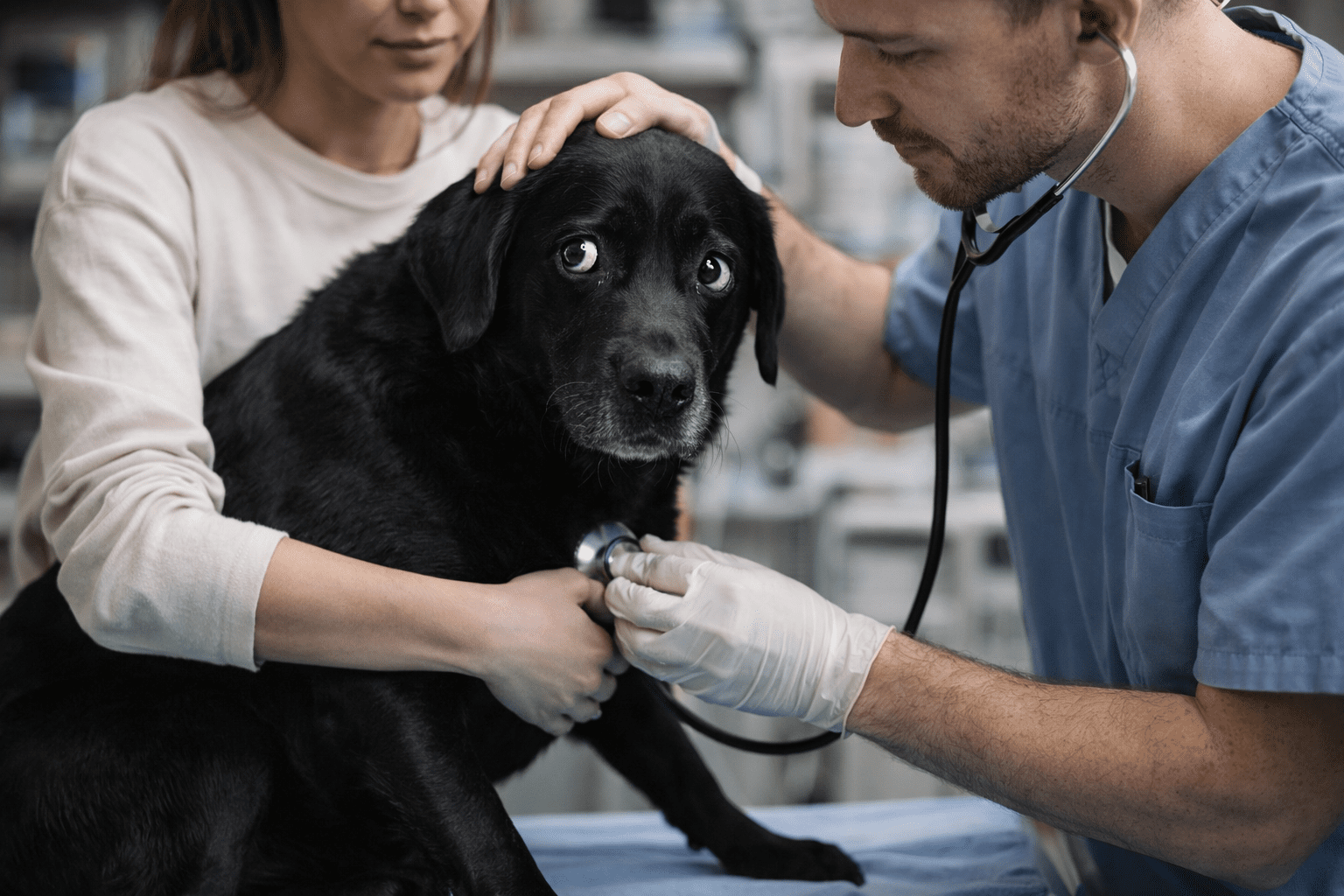 Why Is My Dog Acting Scared? Common Causes and Solutions 2 A veterinarian uses a stethoscope to examine a black dog on an exam table, while a woman gently holds and comforts the dog, who appears anxious.