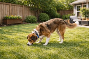 A brown, black, and white dog sniffs the grass in a sunny backyard with a wooden fence, green bushes, and patio furniture in the background.