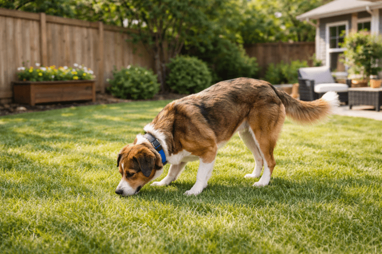 A brown, black, and white dog sniffs the grass in a sunny backyard with a wooden fence, green bushes, and patio furniture in the background.