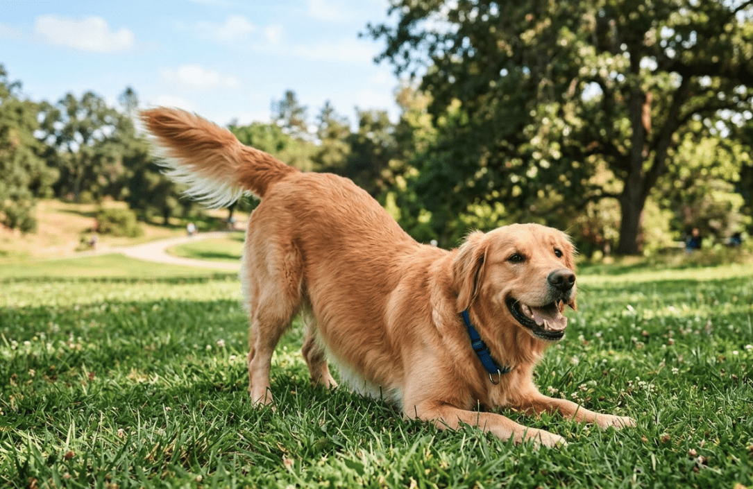 How to Read Dog Body Language: Signals Every Owner Must Know (With Chart) 4 A golden retriever with a blue collar playfully stretches on green grass in a sunny park, with trees and a winding path in the background.